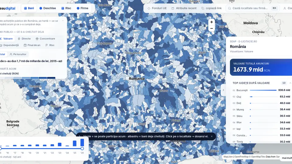 Harta live vreau.digital cu achizițiile publice distribuite geografic